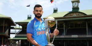 India skipper Virat Kohli poses with the ICC Cricket World Cup trophy